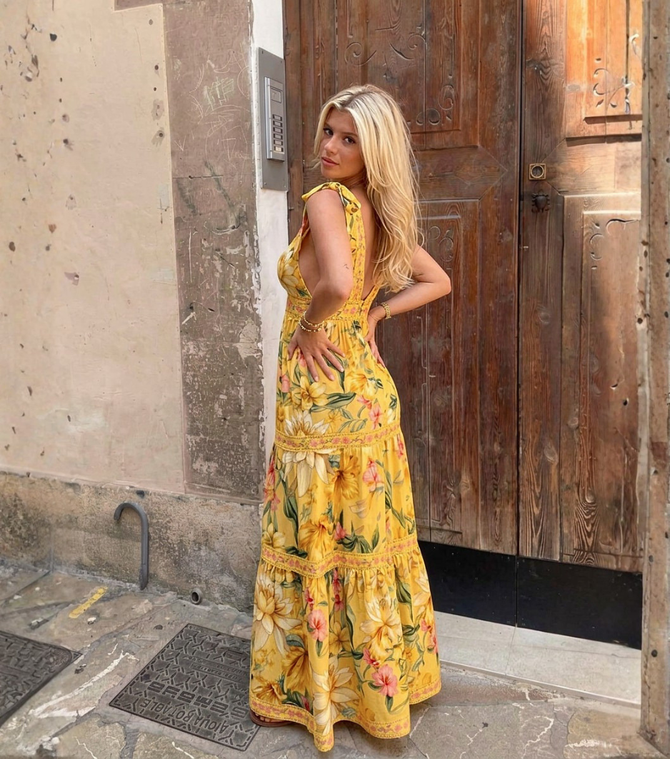 Yellow Lotus Floral Deep V Tiered Maxi Dress