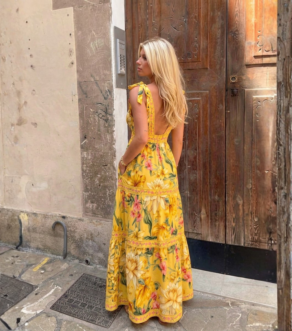 Yellow Lotus Floral Deep V Tiered Maxi Dress