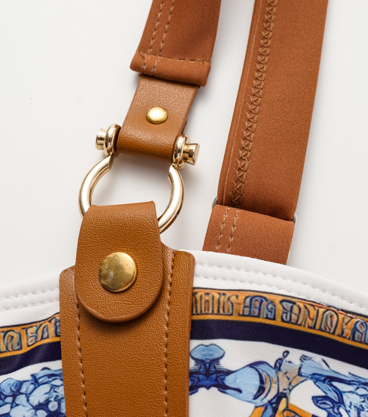 Porcelain Print Leather Straps One Piece Swimsuit and Sarong