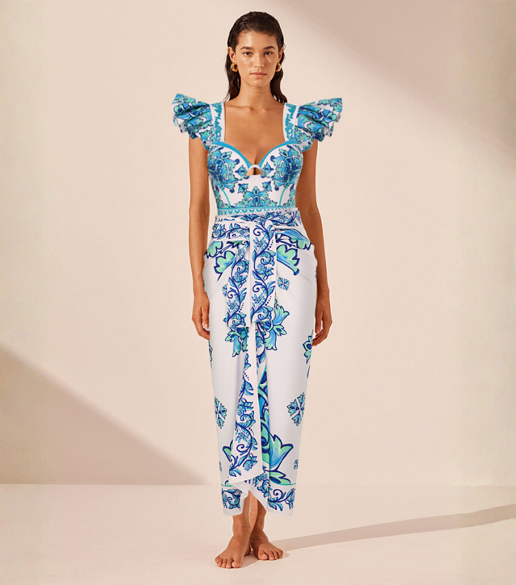 Ruffle Majolica Print One Piece Swimsuit and Sarong or Pants