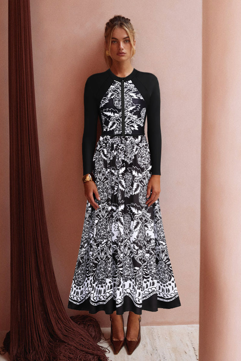 Color Block Printed Long Sleeve One Piece Surf Swimsuit and Skirt