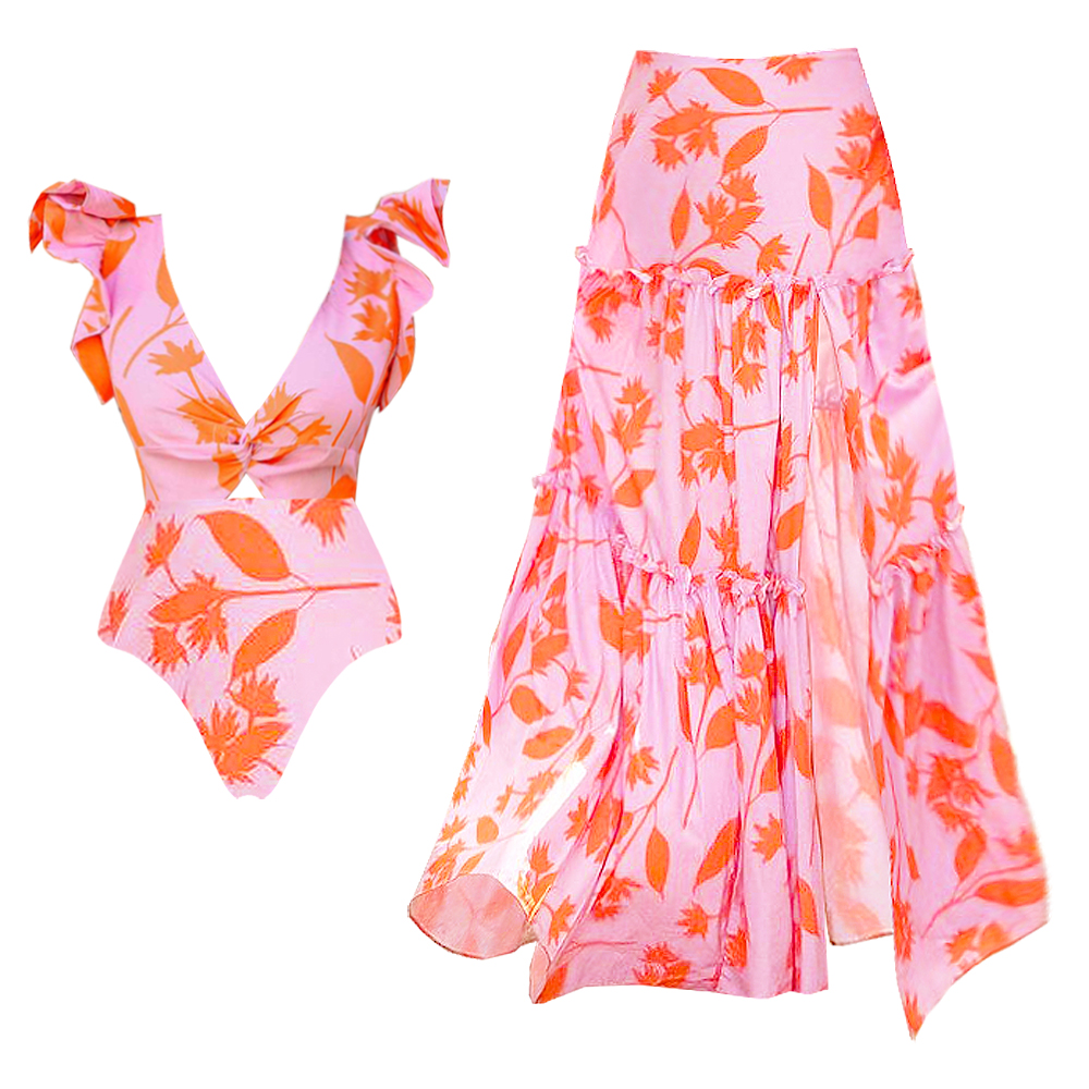 V-neck Orange Leaf Printed One Piece Swimsuit and Skirt
