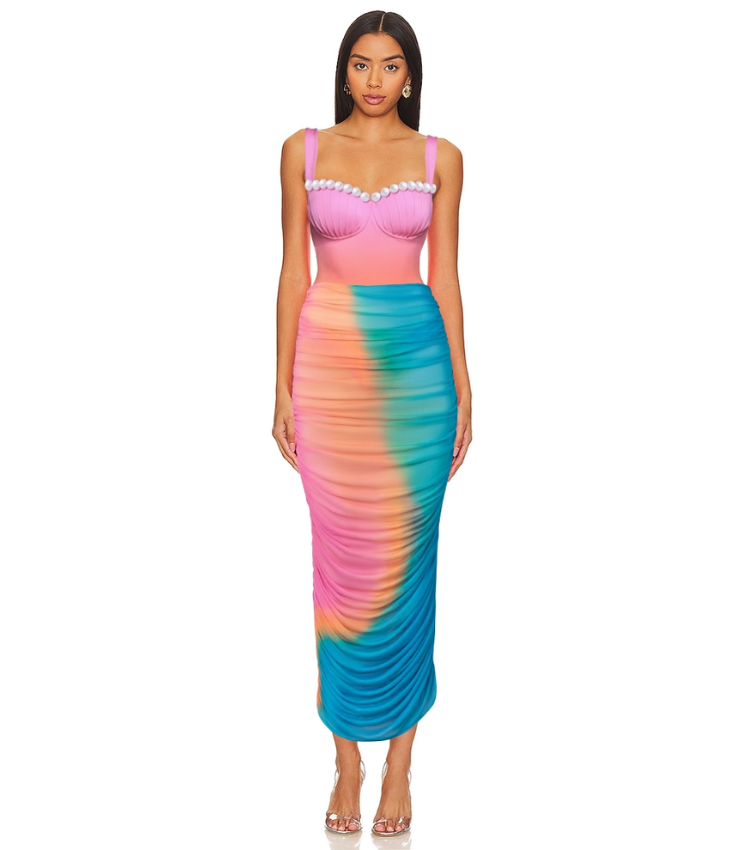 Sling Artificial Pearl Decor Color Block One Piece Swimsuit and Skirt