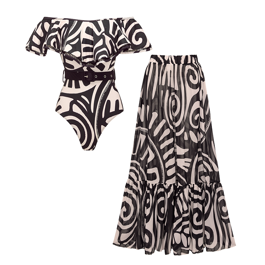 Off Shoulder Black Retro Printed Swimsuit Set(s)