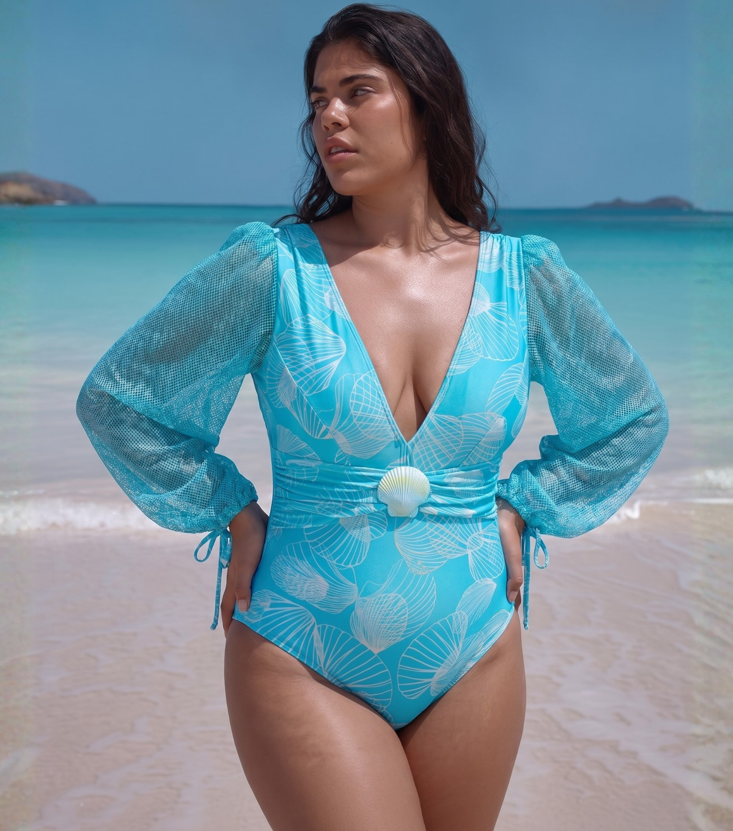 Plus Size Mesh Splicing Long-sleeved Shell Print One Piece Swimsuit and Skirt