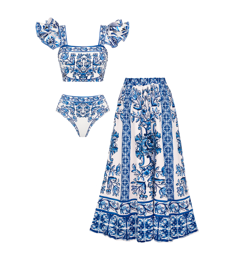 Ruffle Blue and White Porcelain Pattern Majolica Print Bikini Swimsuit and Skirt or Sarong