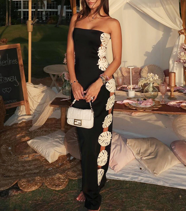 White Hollow out 3D Leaf Black One Piece Swimsuit and Skirt