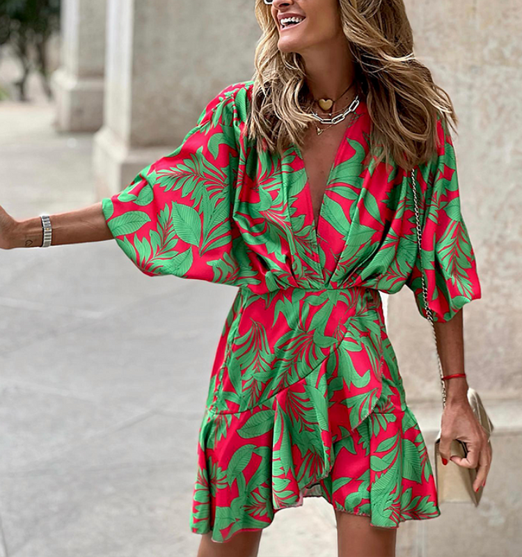 V Neck Ruffle Printed Mini Dress