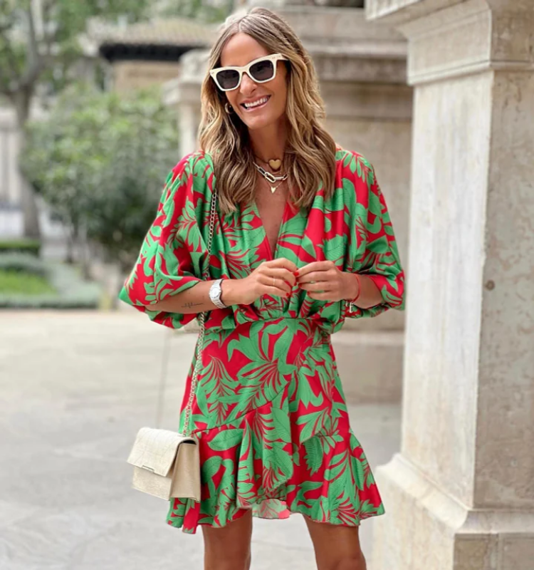 V Neck Ruffle Printed Mini Dress