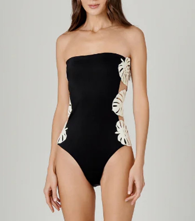 White Hollow out 3D Leaf Black One Piece Swimsuit and Skirt