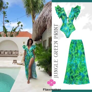 Ruffled Jungle Green Print One Piece  Swimsuit and Skirt