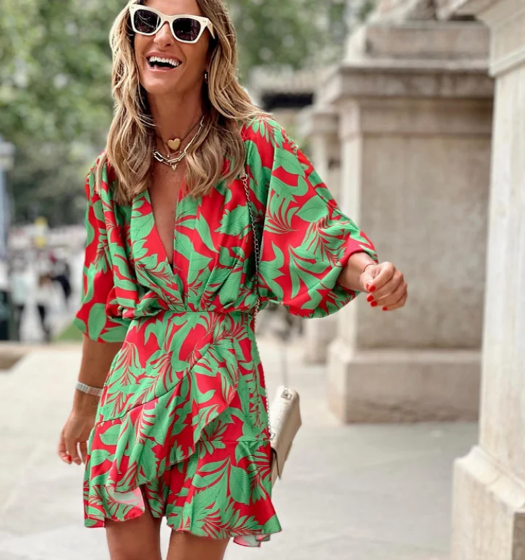 V Neck Ruffle Printed Mini Dress