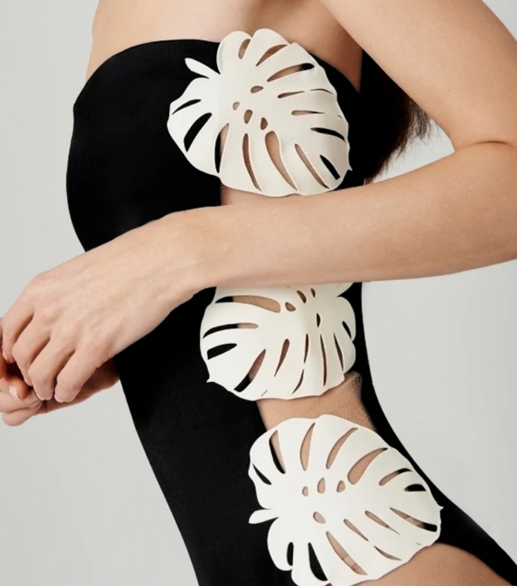 White Hollow out 3D Leaf Black One Piece Swimsuit and Skirt