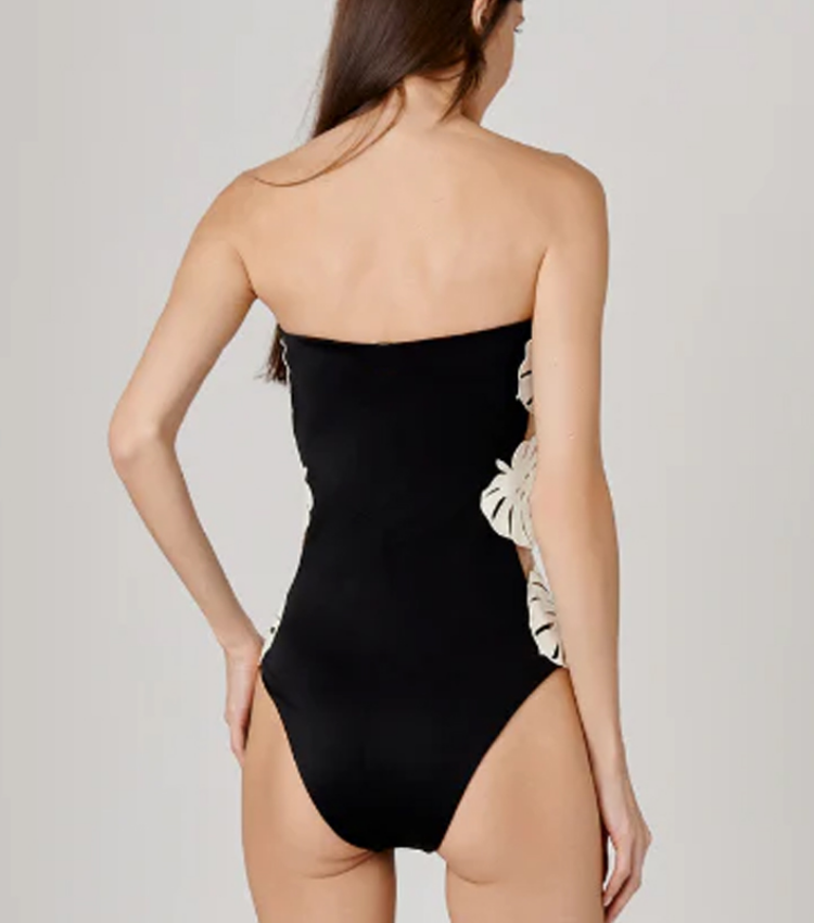 White Hollow out 3D Leaf Black One Piece Swimsuit and Skirt