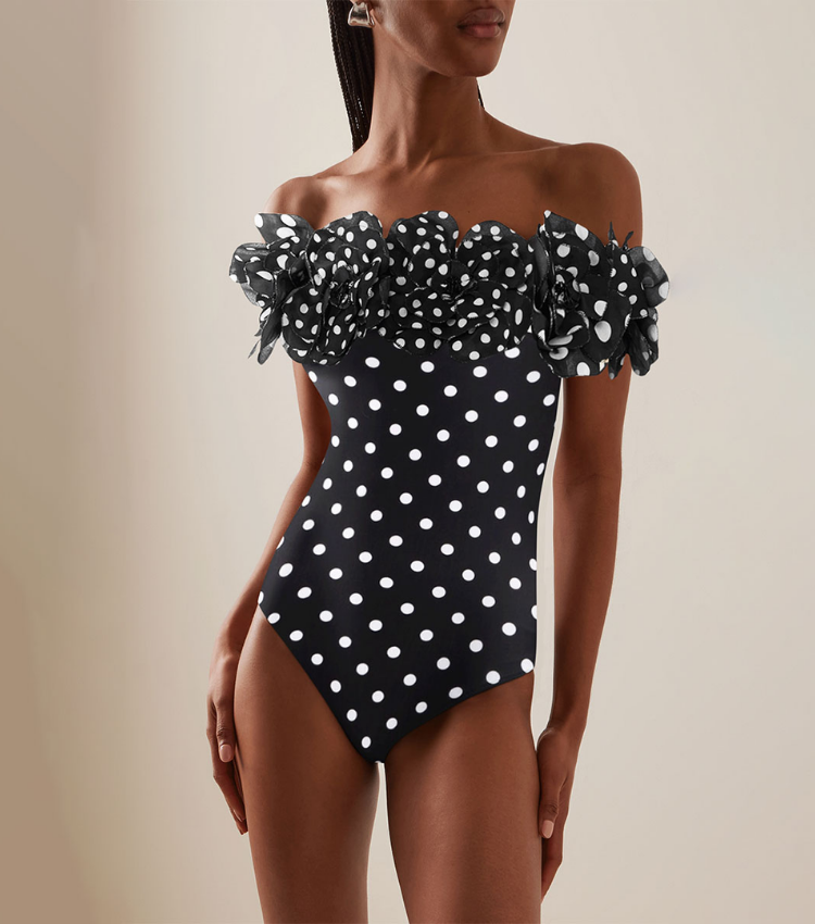 Bandeau Polka Dot Print One Piece Swimsuit and Skirt