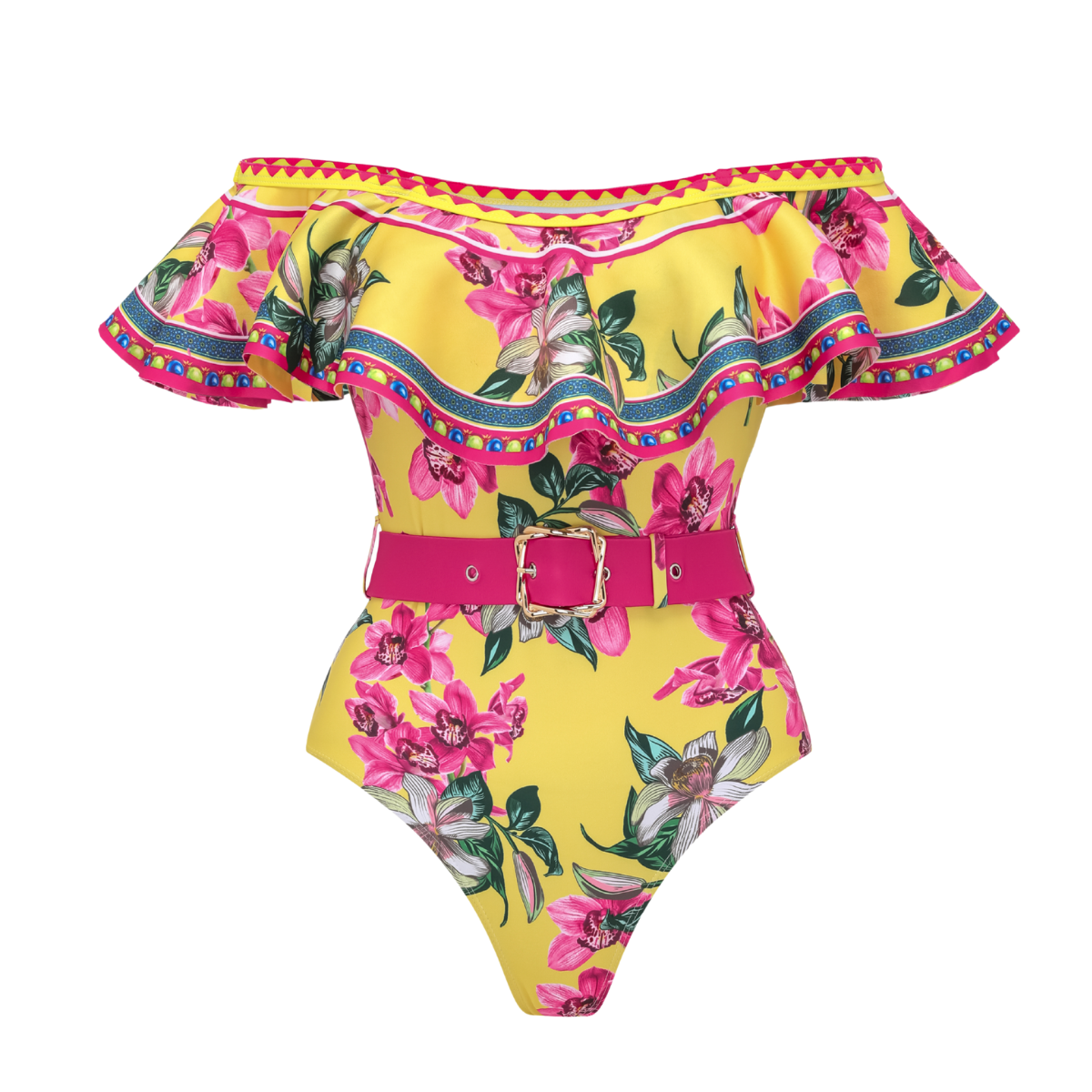 Bandeau Ruffled Orchid Print One Piece Swimsuit and Skirt