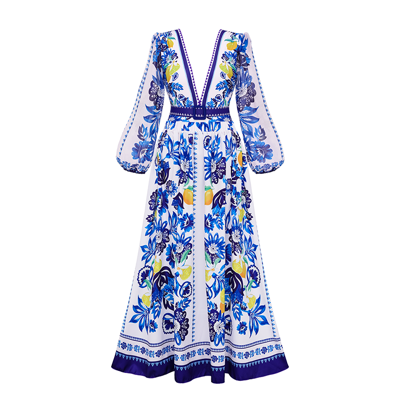 Long-sleeves Lemon and Creative Pattern Print One Piece Swimsuit and Skirt