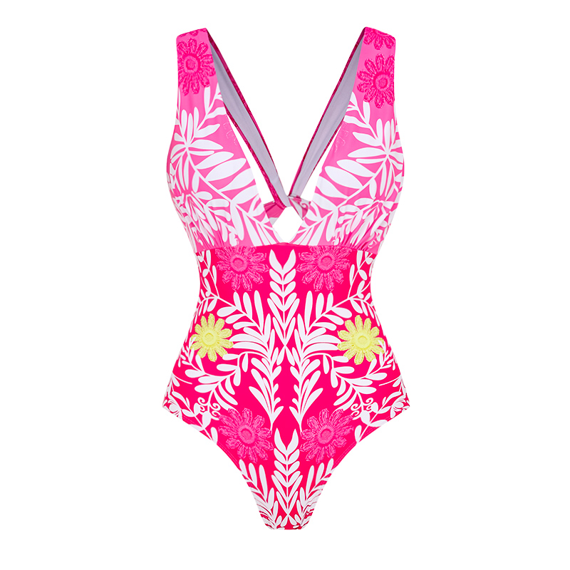 Sexy Deep V Neck Back Lace Up Printed One Piece Swimsuit and Skirt