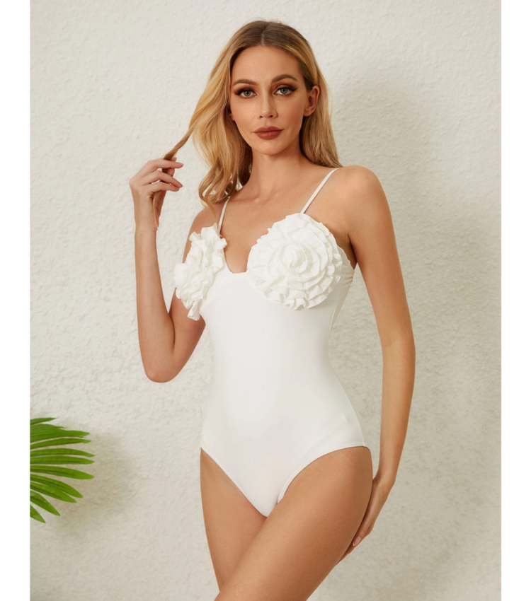 3D Flower White One Piece Swimsuit Flaxmaker