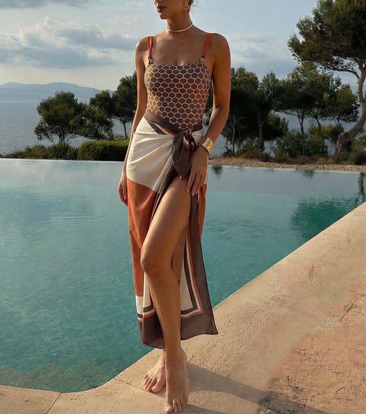 Reversible Graphic Printed Beaded One Piece Swimsuit and Sarong Flaxmaker