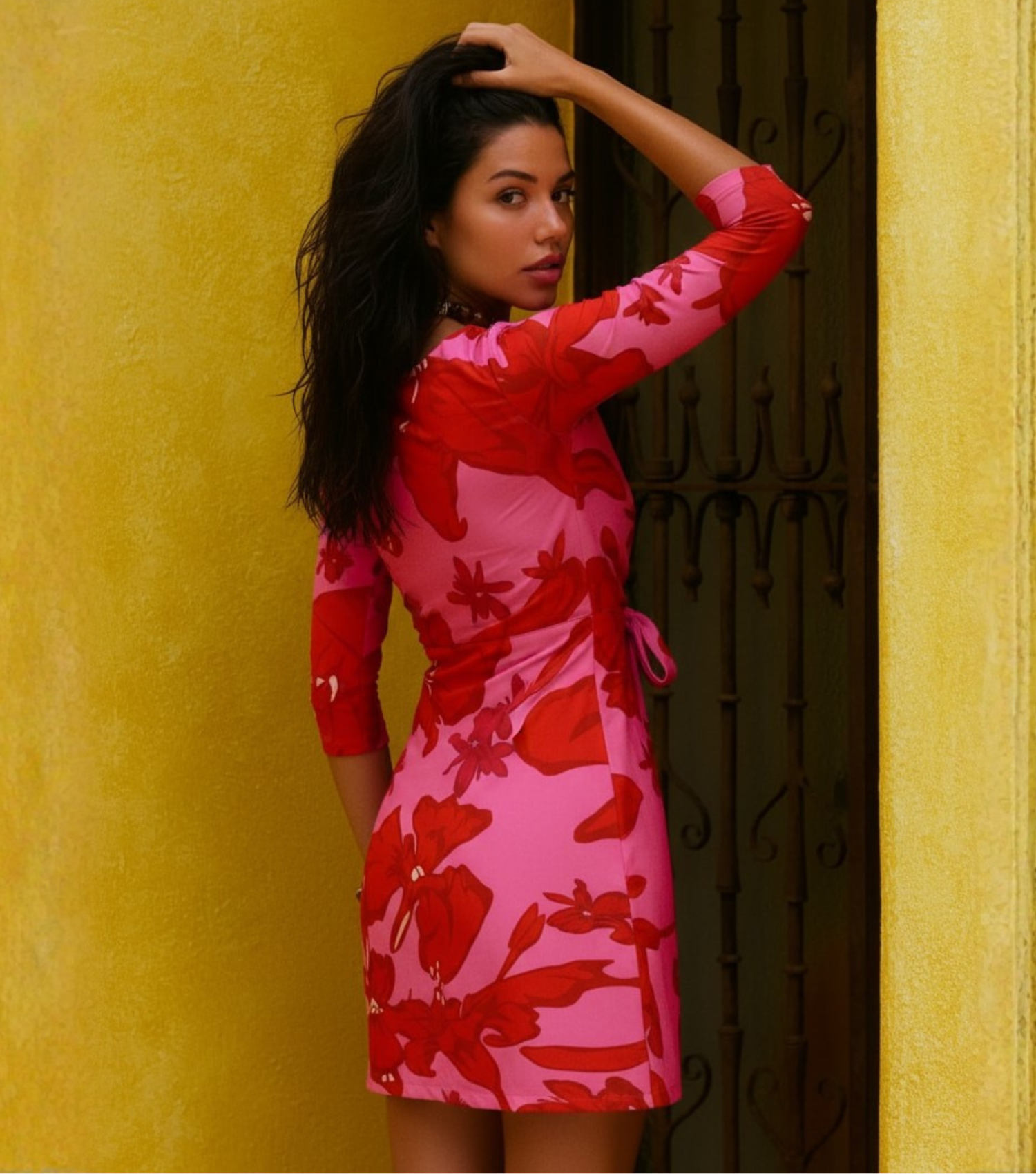 Red Floral Wrap Midi Dress