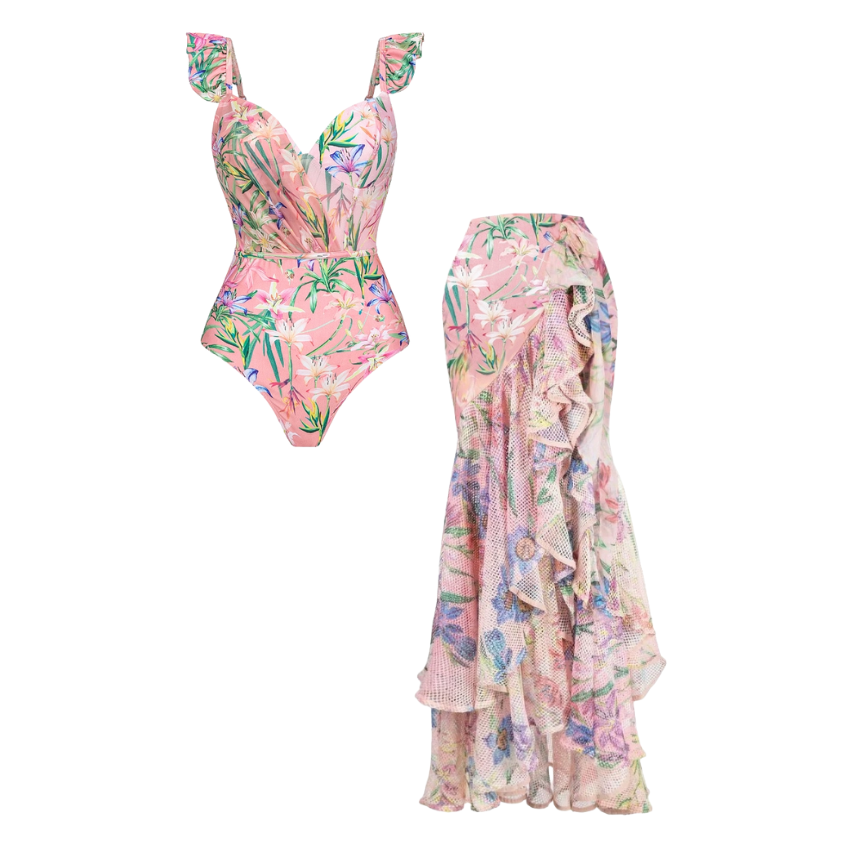 Floral Print One Piece Swimsuit and Mesh Splicing Skirt Flaxmaker