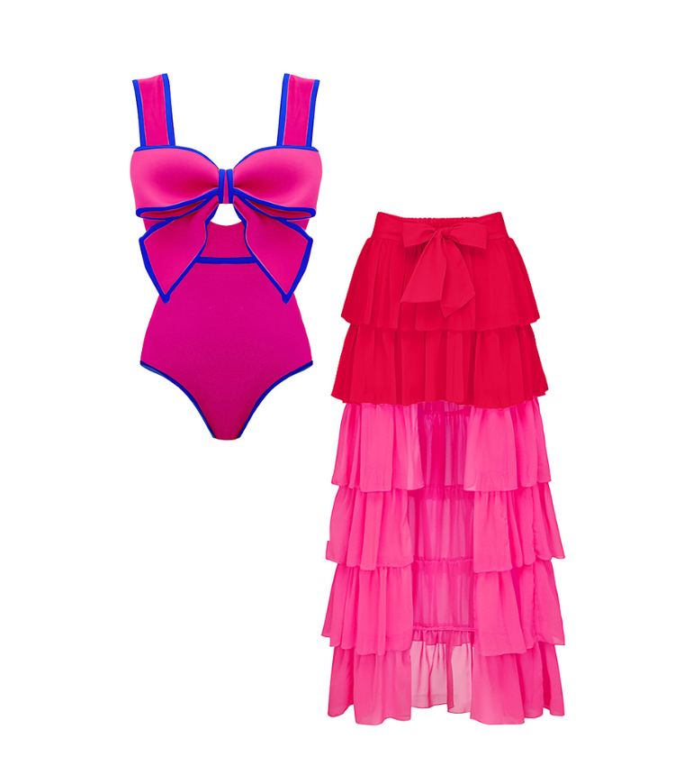 Bow Front Cut Out Color Block One Piece Swimsuit and Skirt