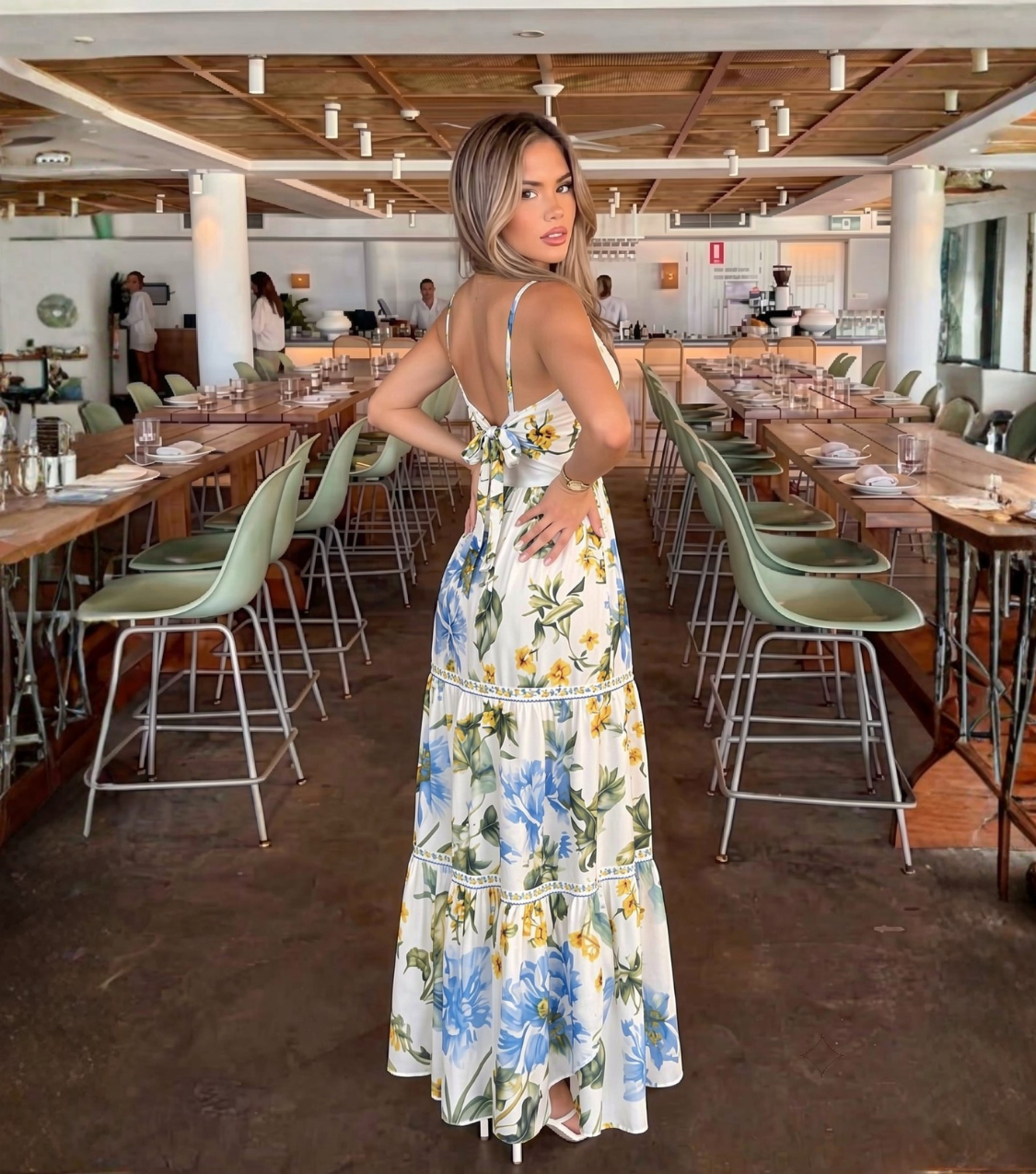 Blue Yellow Floral Thin Strap V-Neck Tiered Maxi Dress