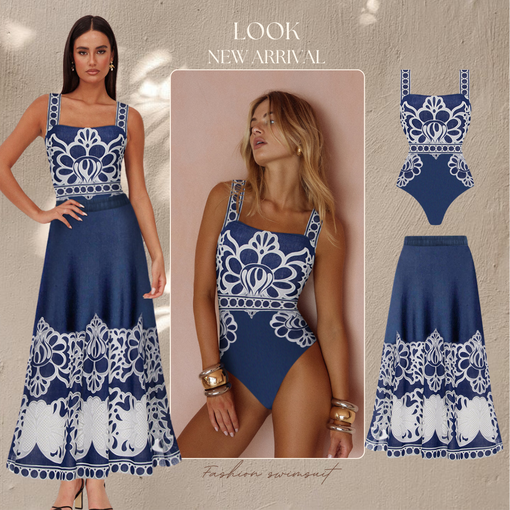Printed One Piece Swimsuit and Skirt