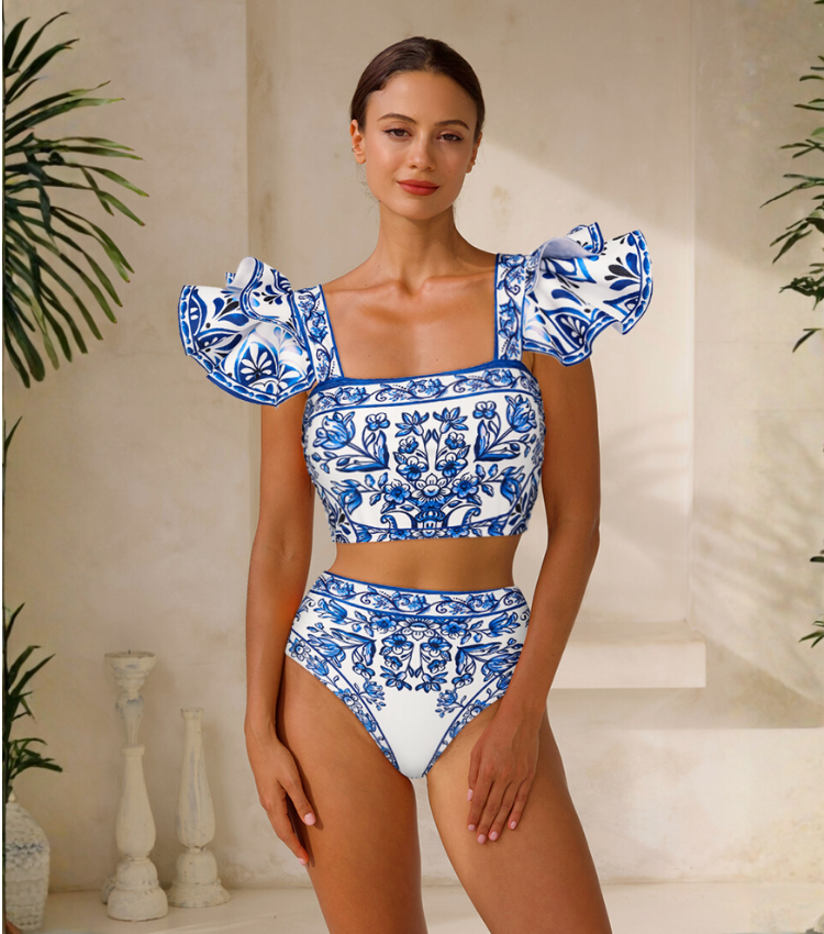 Ruffle Blue and White Porcelain Pattern Majolica Print Bikini Swimsuit and Skirt or Sarong