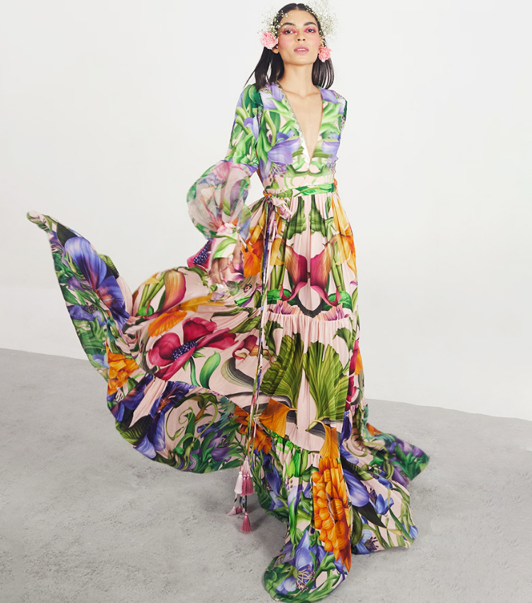 V-neck Long Sleeve Flowers Printed One Piece Swimsuit and Skirt