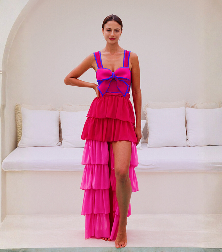 Bow Front Cut Out Color Block One Piece Swimsuit and Skirt