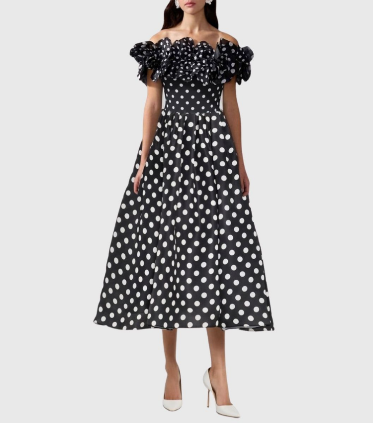 Bandeau Polka Dot Print One Piece Swimsuit and Skirt