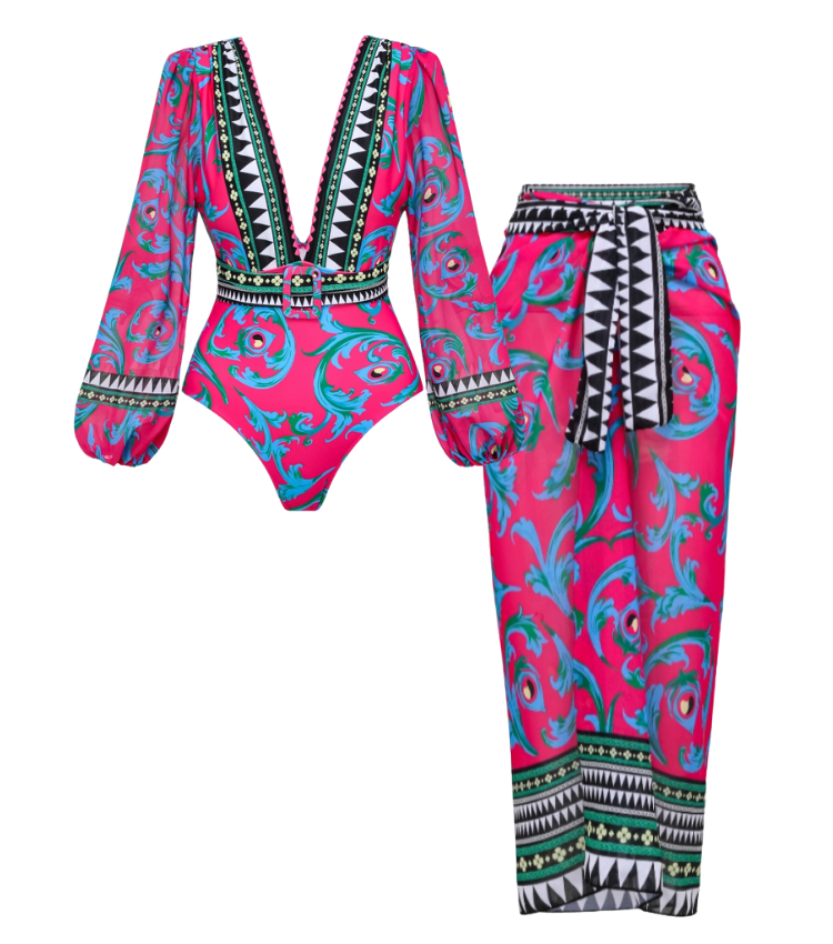 Long-sleeved Peacock Totem Print One Piece Swimsuit and Sarong Flaxmaker