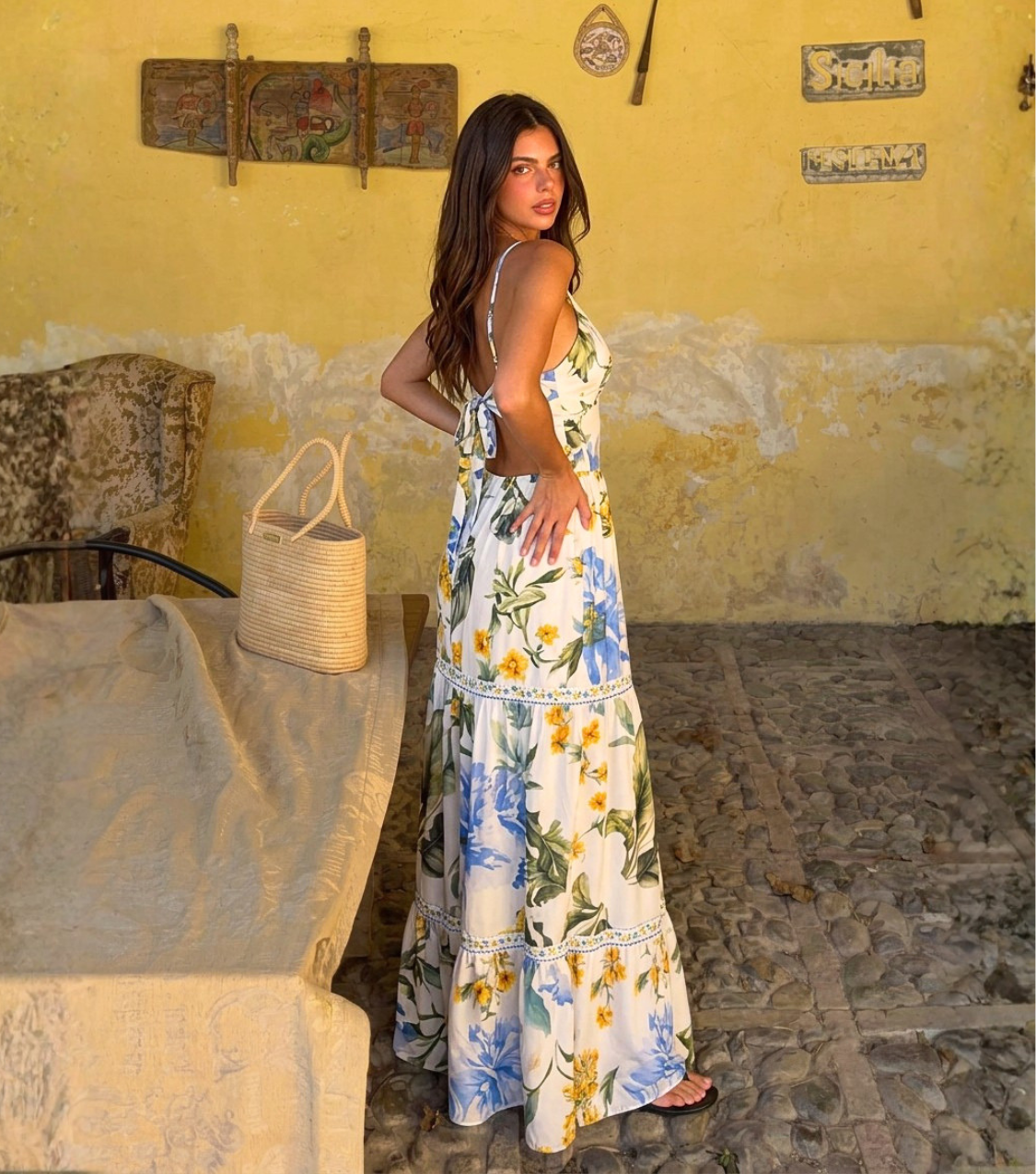 Blue Yellow Floral Thin Strap V-Neck Tiered Maxi Dress