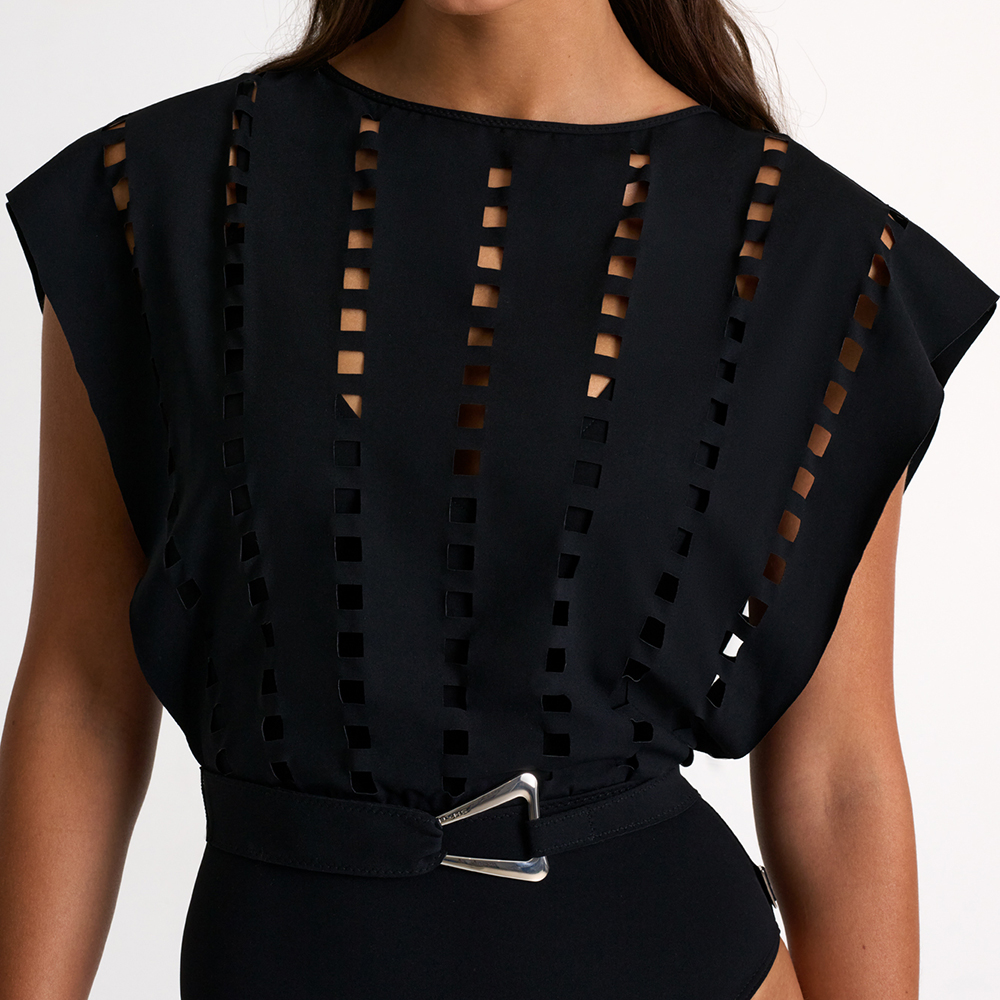 Black Hollow Design One Piece Swimsuit and Skirt