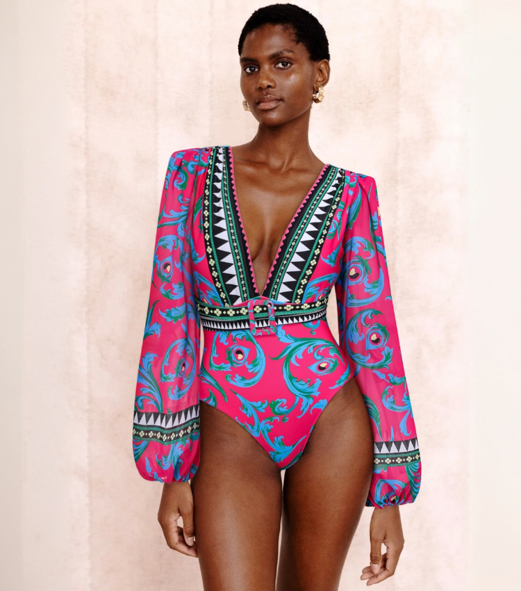 Long-sleeved Peacock Totem Print One Piece Swimsuit and Sarong Flaxmaker
