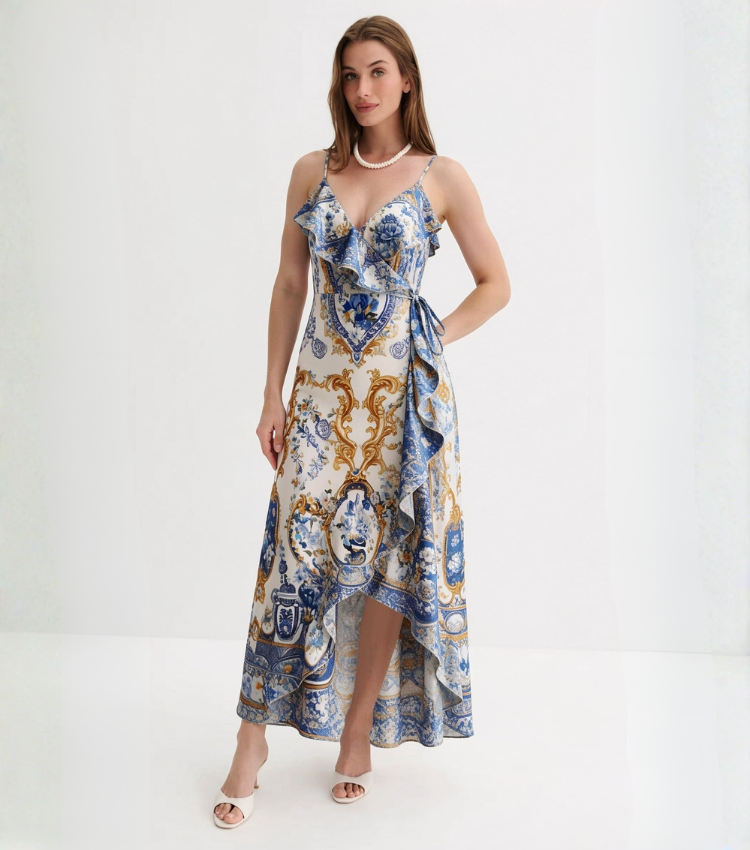 Azure Porcelain Ruffle Wrap Maxi