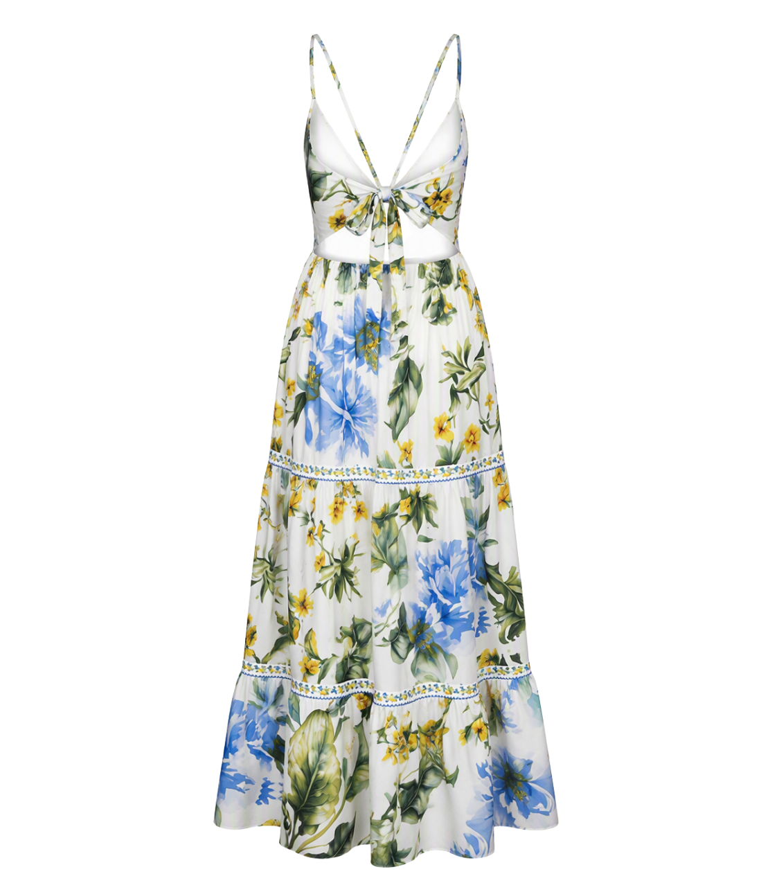 Blue Yellow Floral Thin Strap V-Neck Tiered Maxi Dress