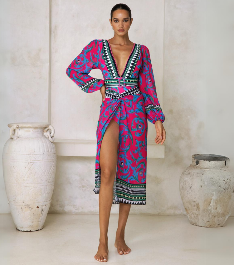 Long-sleeved Peacock Totem Print One Piece Swimsuit and Sarong Flaxmaker
