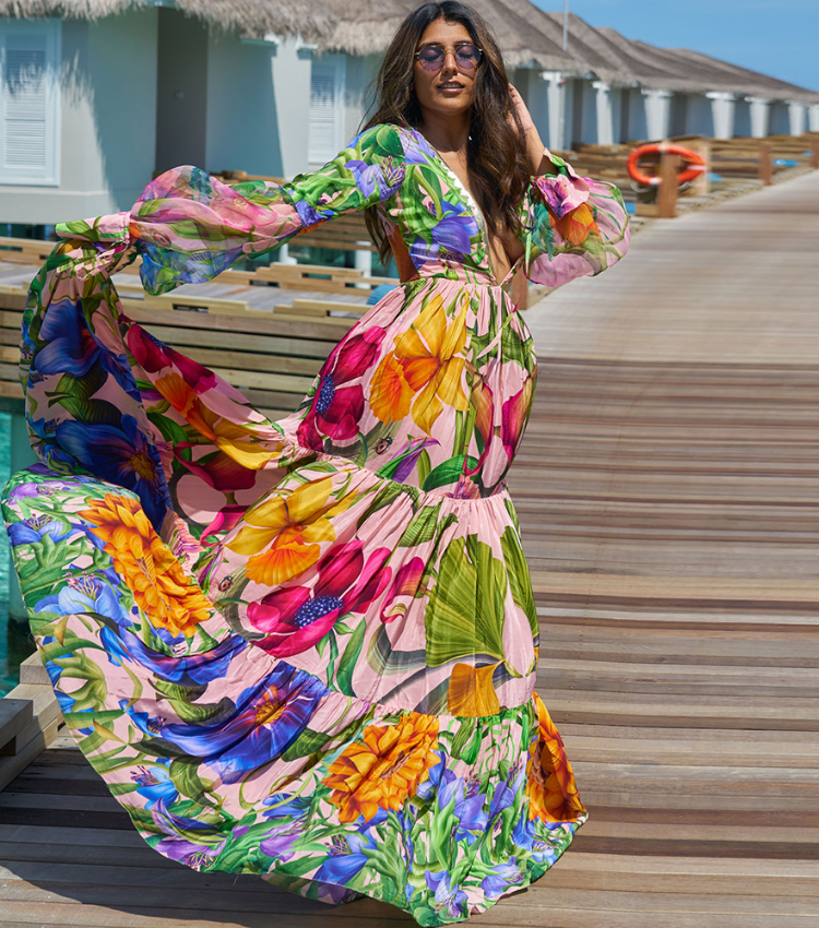 V-neck Long Sleeve Flowers Printed One Piece Swimsuit and Skirt
