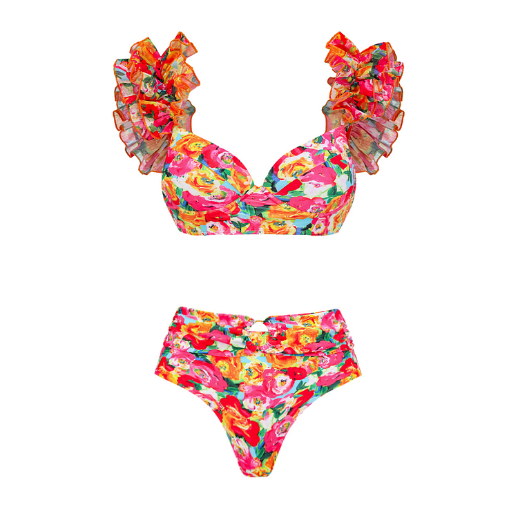 Ruffled Straps Floral Print Bikini Swimsuit and Skirt Flaxmaker