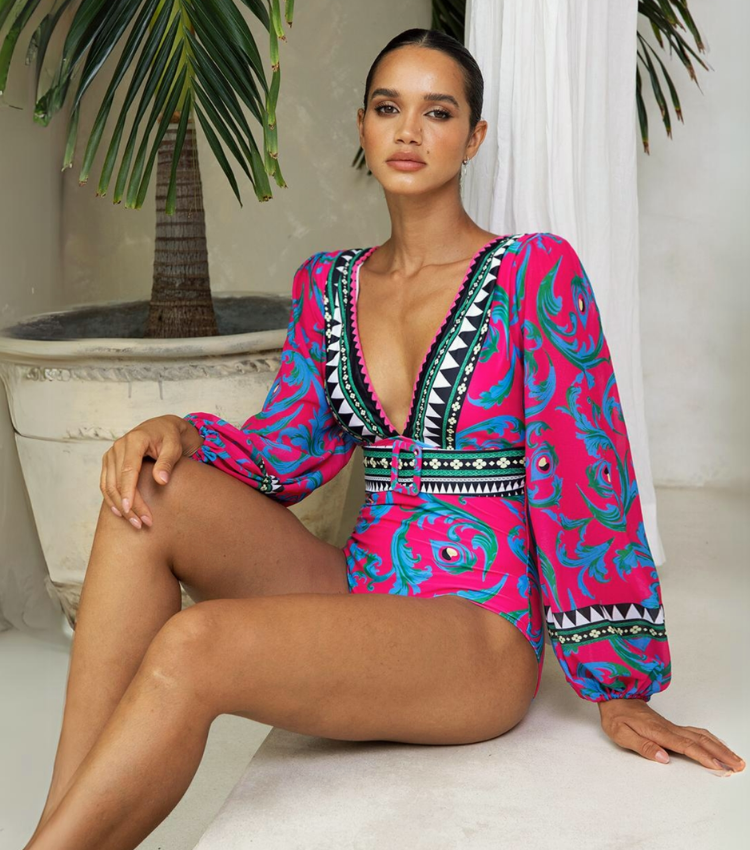 Long-sleeved Peacock Totem Print One Piece Swimsuit and Sarong Flaxmaker