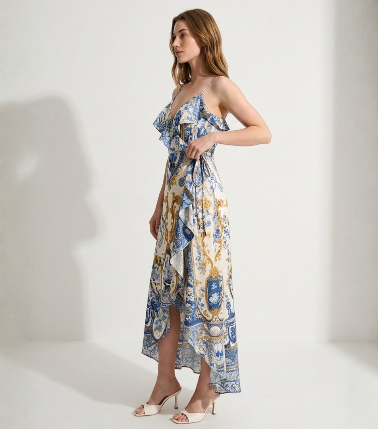 Azure Porcelain Ruffle Wrap Maxi