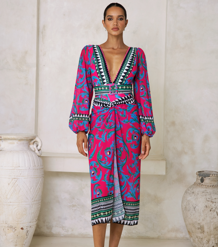 Long-sleeved Peacock Totem Print One Piece Swimsuit and Sarong Flaxmaker