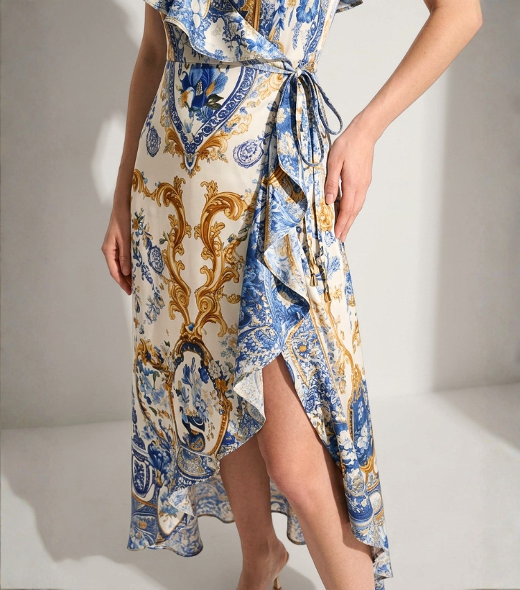 Azure Porcelain Ruffle Wrap Maxi
