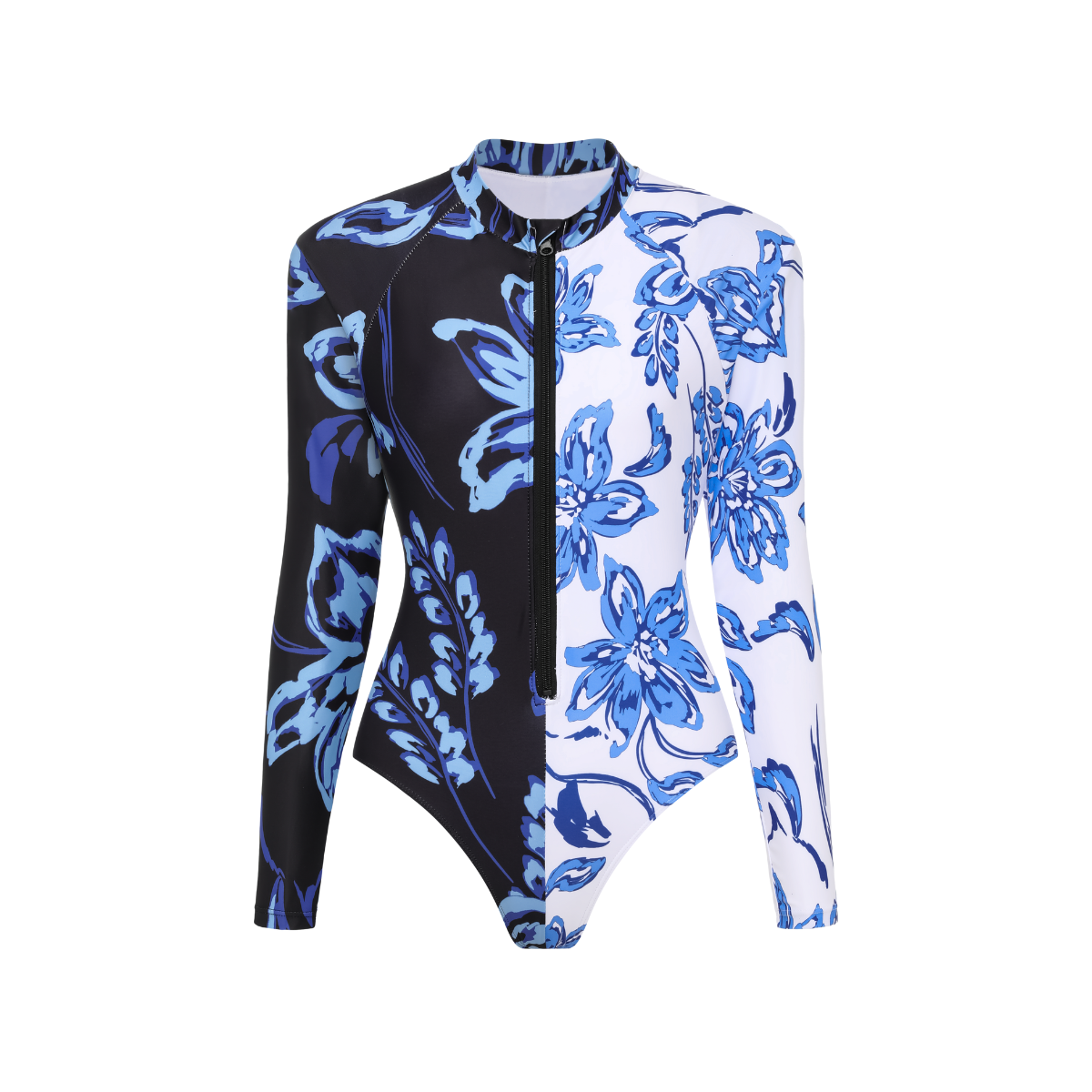 Color Block Printed Long Sleeve One Piece Surf Swimsuit and Skirt