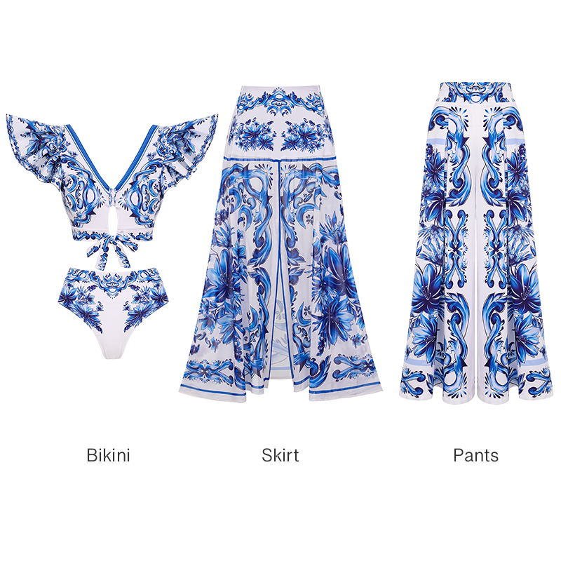 Ruffle V Neck Blue Majolica Print High Waist Bikini Swimsuit and Skirt or Pants