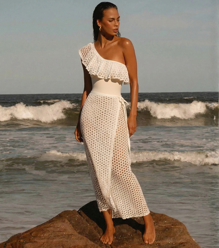 White Openwork Mesh Ruffles Swimsuit Set(s)