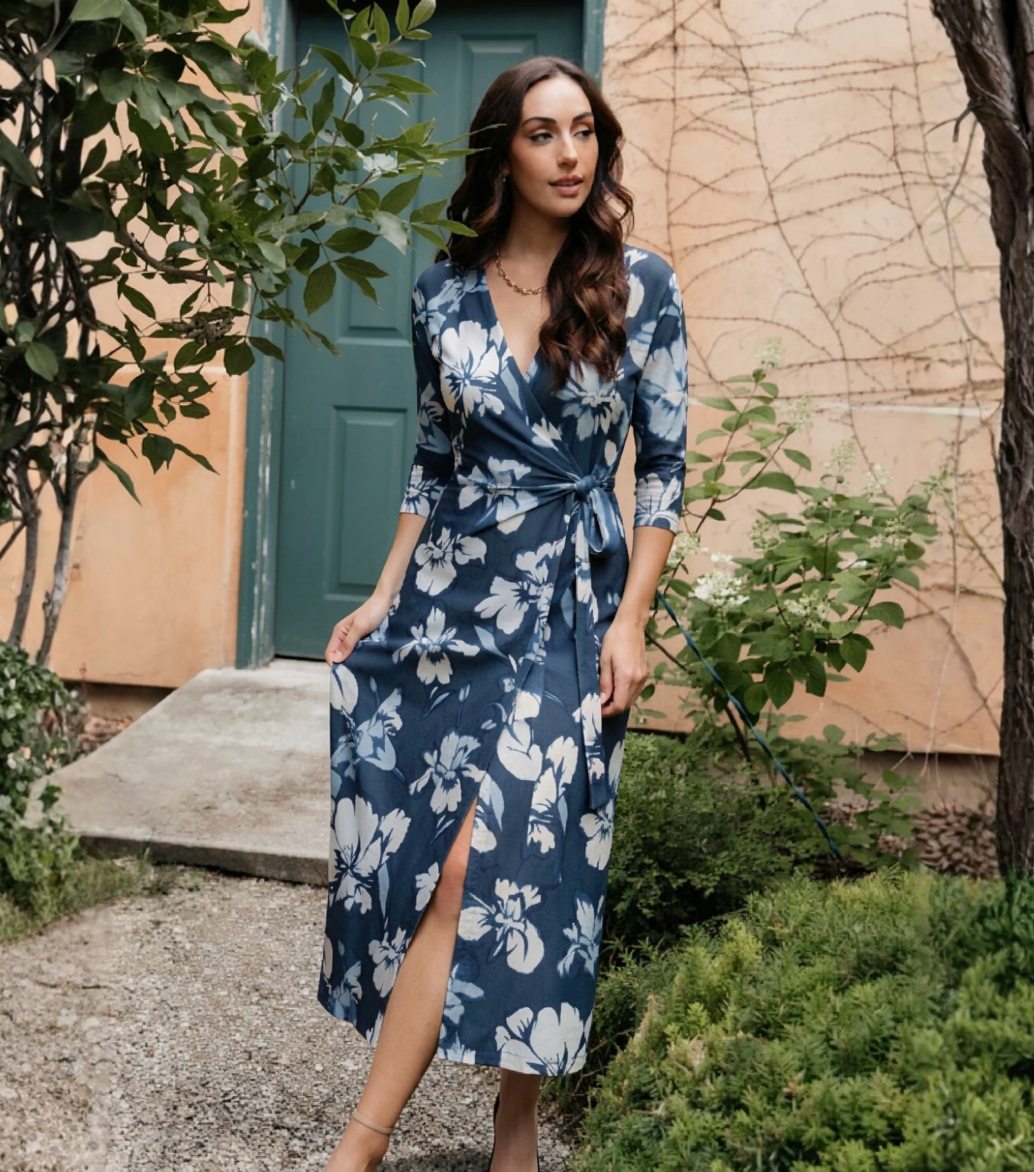 Navy Floral Wrap Midi Dress